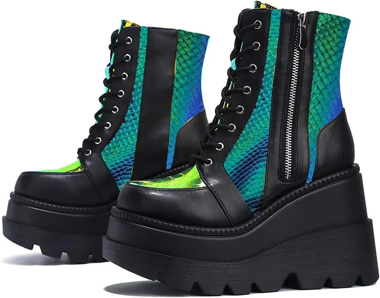 BORAMAX Women Platform Chunky Ankle Boots Punk Mid Calf For Women Zip Wedges High Heels Rave Buckle Thick Sole Goth Booties