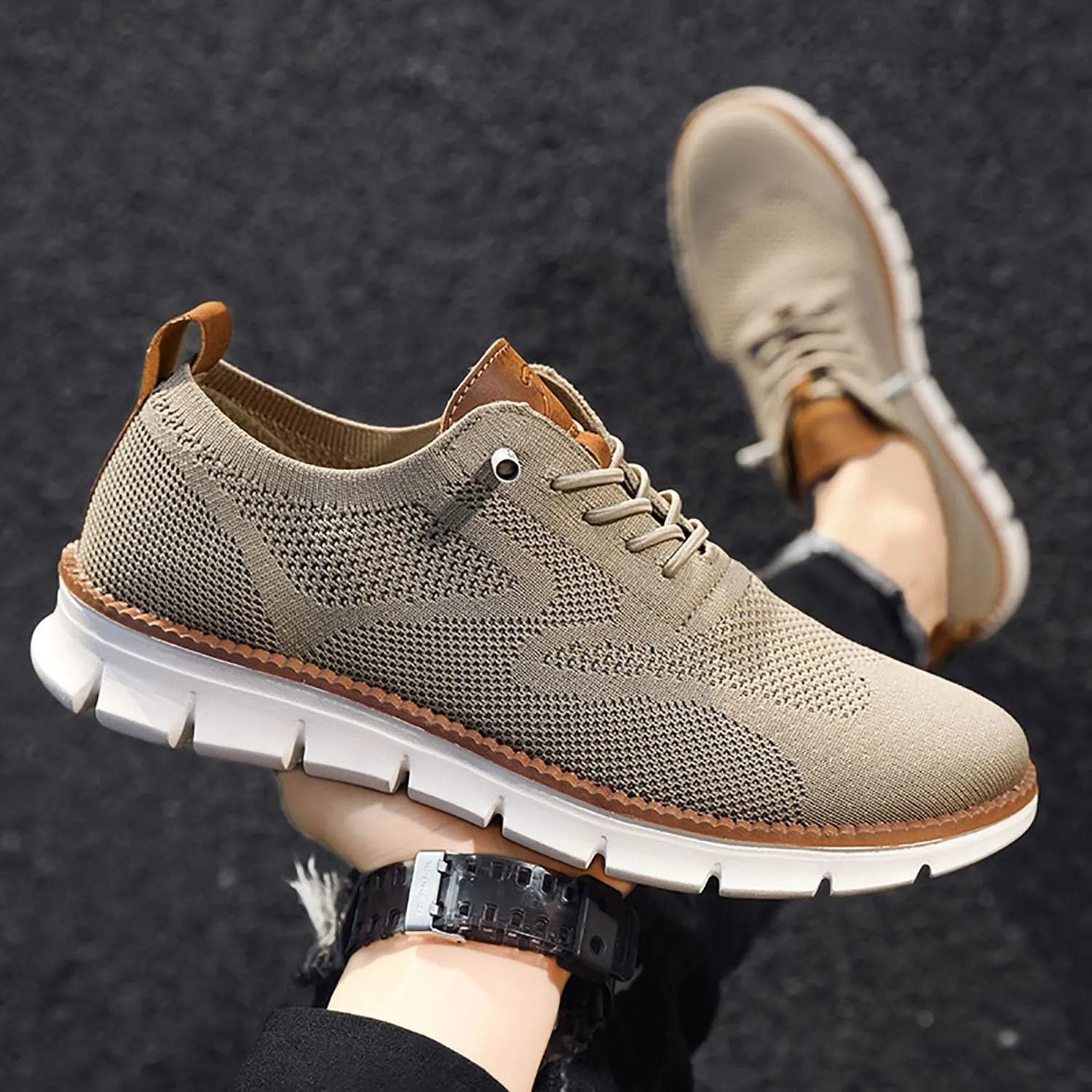 Breeze Men's Urban Ultra Comfortable Mesh Dress Sneakers - Business Casual Walking Shoes (Khaki, 10)