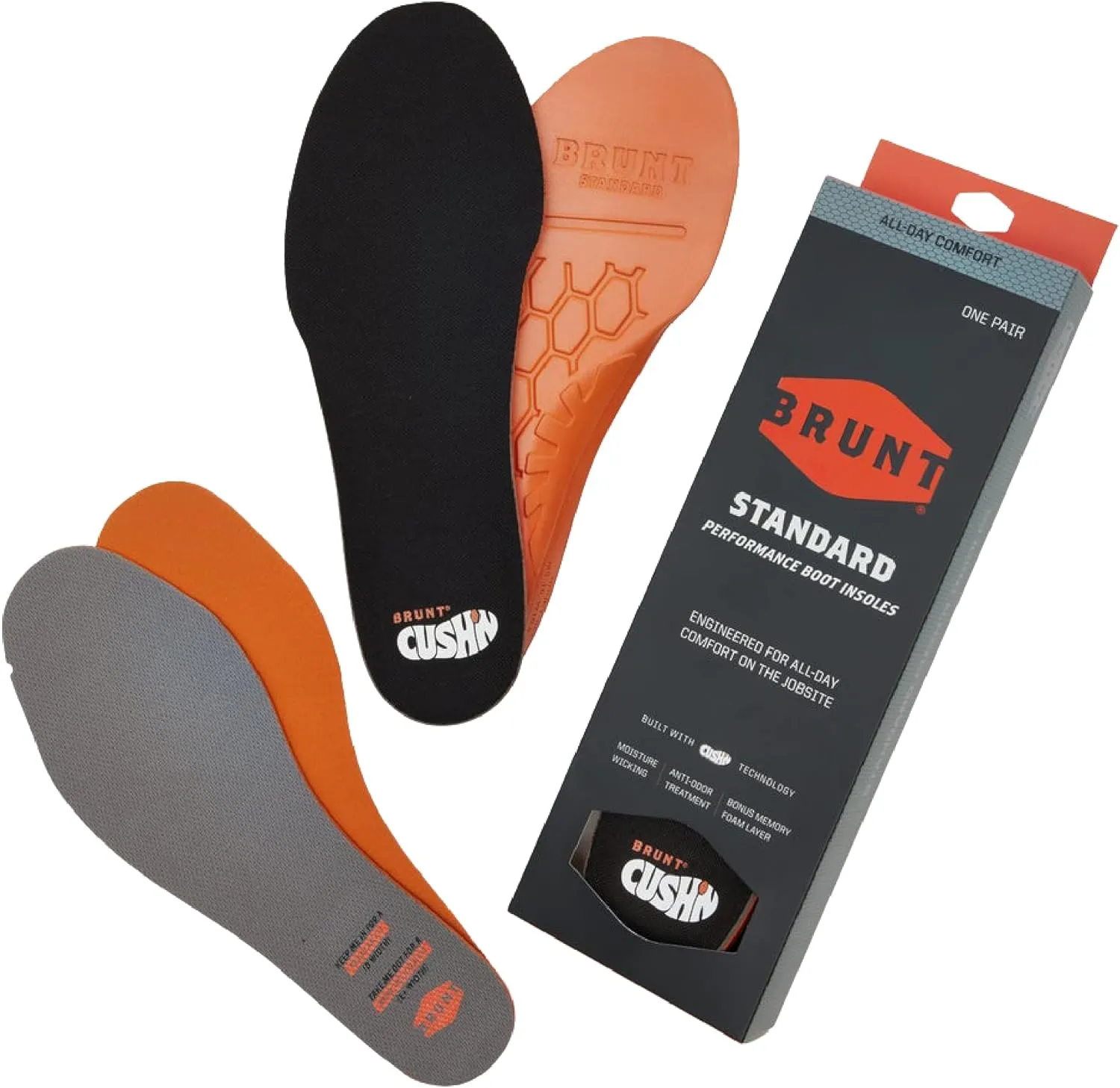 BRUNT Standard CUSH’N Insoles - Comfort Wook Boot Insoles - Built with CUSH’N Technology - Moisture Wicking - Anti-Odor Treatment - Bonus Memory Foam Layer