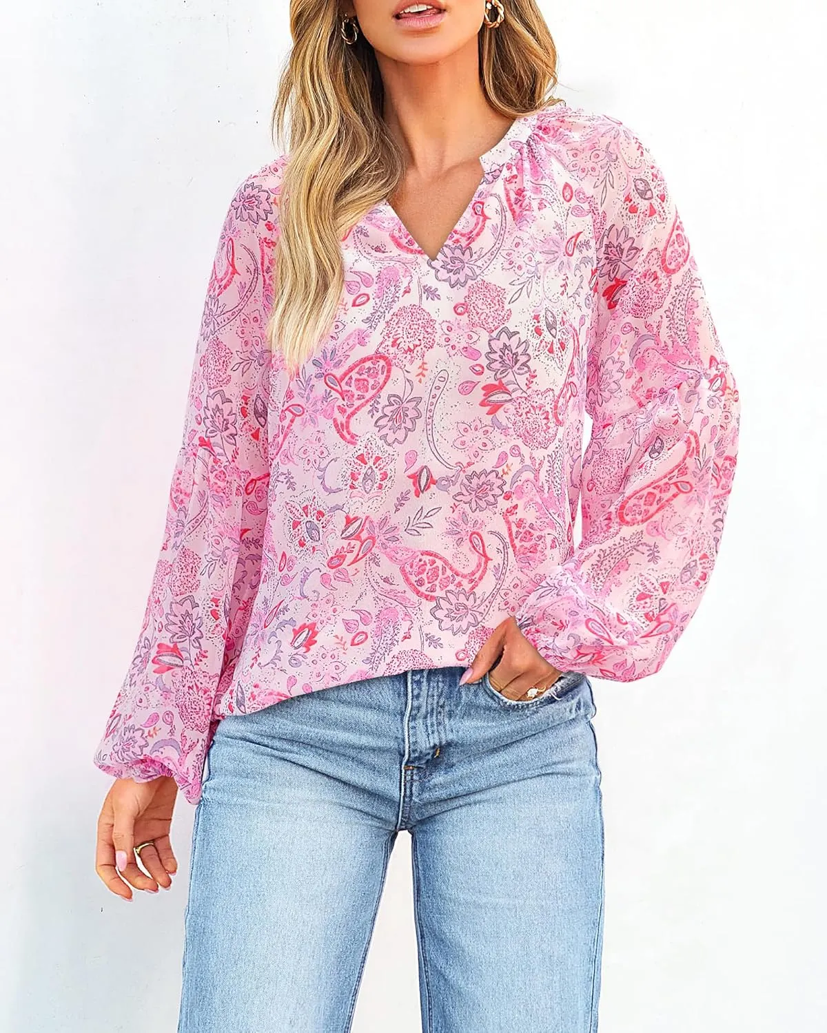 BTFBM Boho Blouses for Women Dressy Casual Floral Long Sleeve Shirts V Neck Lightweight Chiffon Summer Spring Tops 2025