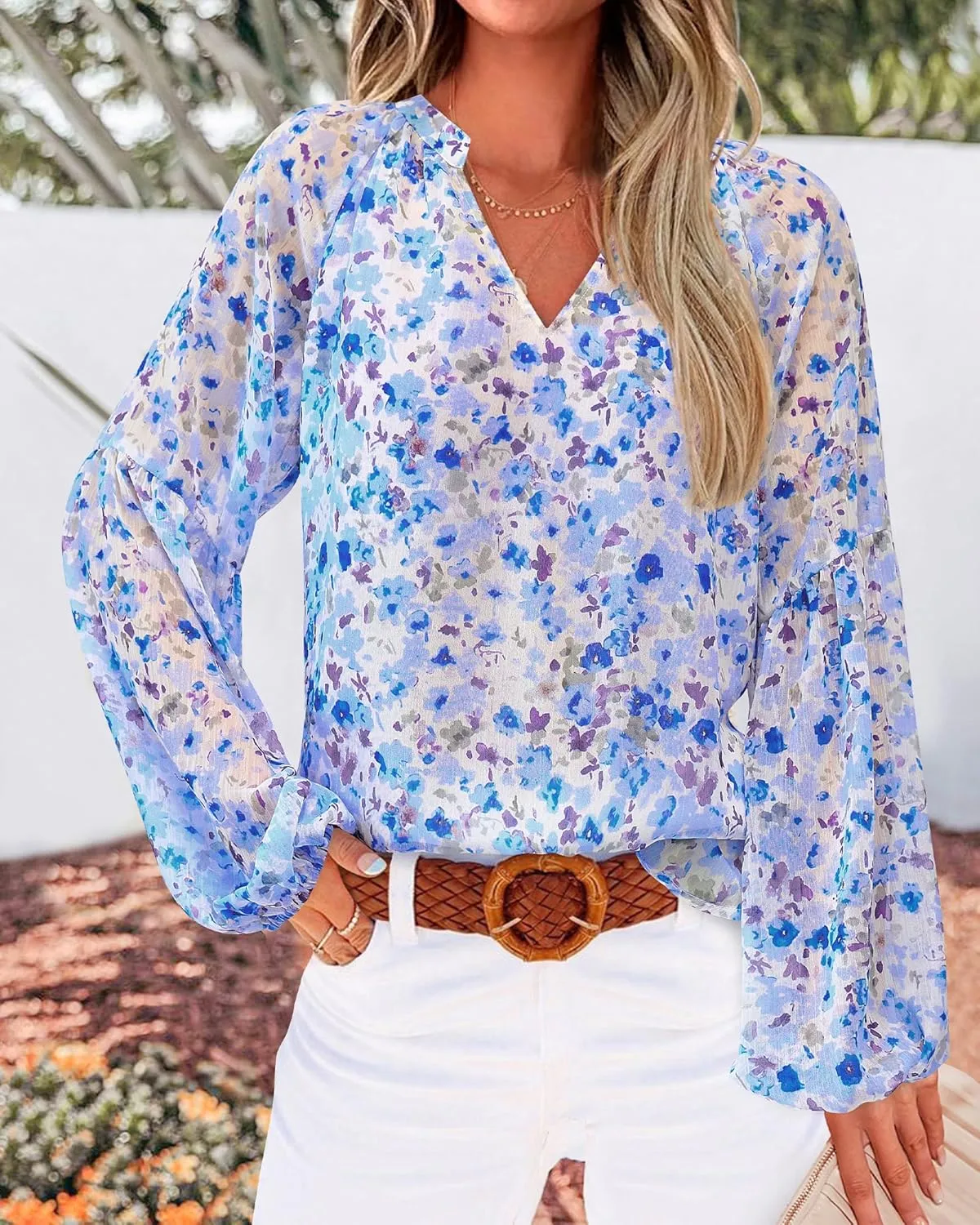 BTFBM Boho Blouses for Women Dressy Casual Floral Long Sleeve Shirts V Neck Lightweight Chiffon Summer Spring Tops 2025