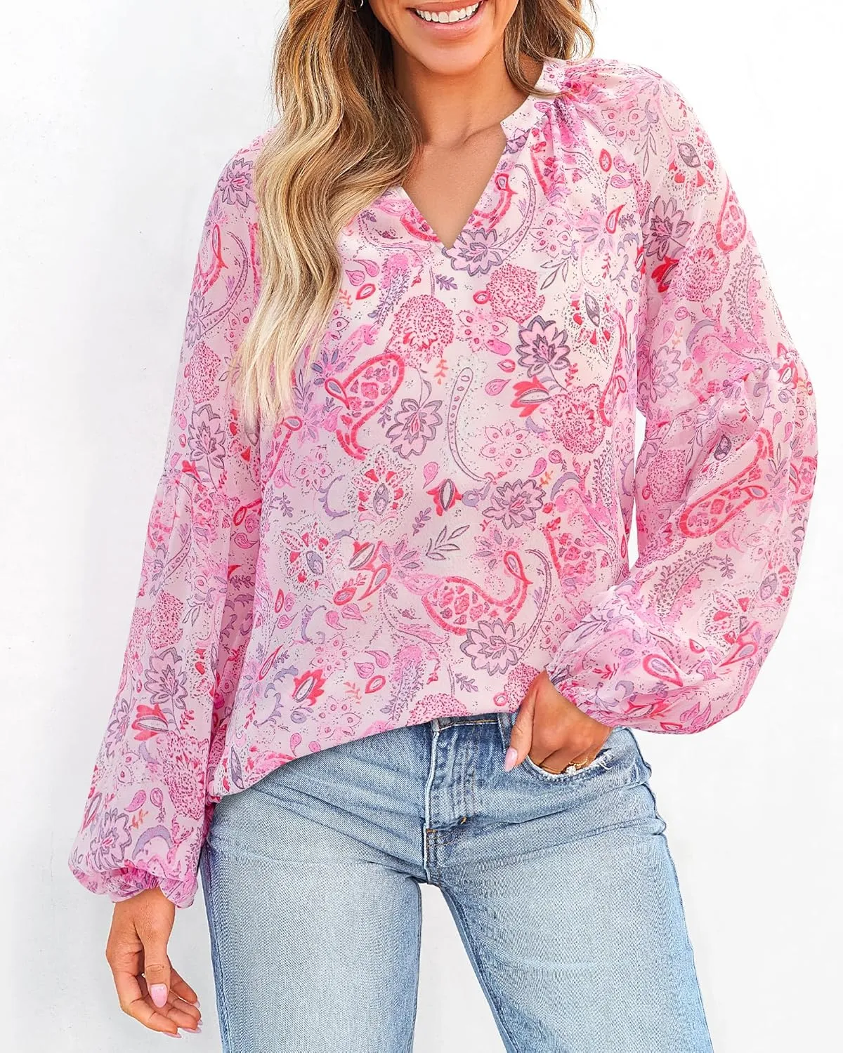 BTFBM Boho Blouses for Women Dressy Casual Floral Long Sleeve Shirts V Neck Lightweight Chiffon Summer Spring Tops 2025