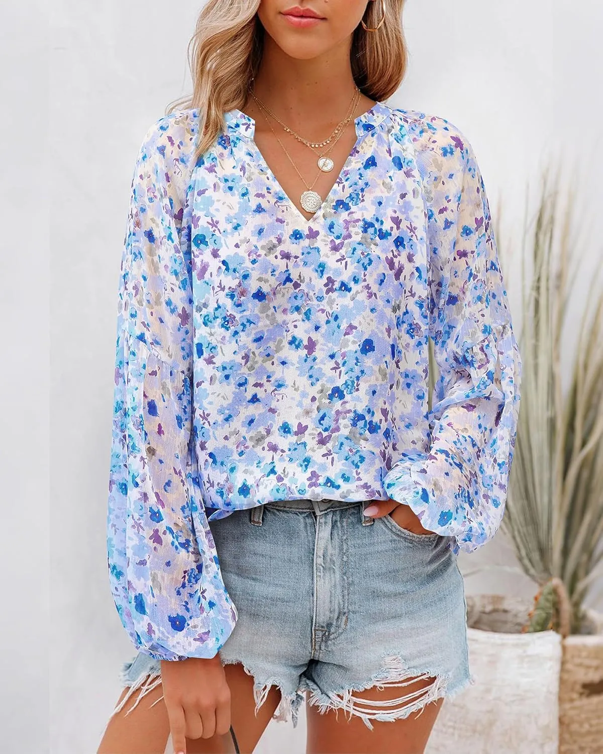 BTFBM Boho Blouses for Women Dressy Casual Floral Long Sleeve Shirts V Neck Lightweight Chiffon Summer Spring Tops 2025