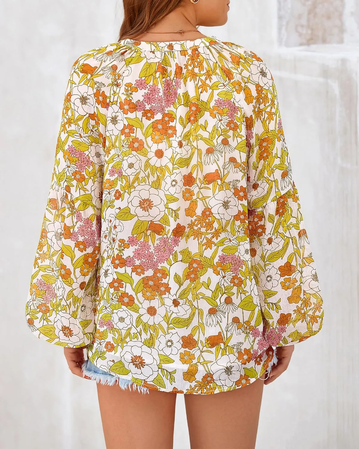 BTFBM Boho Blouses for Women Dressy Casual Floral Long Sleeve Shirts V Neck Lightweight Chiffon Summer Spring Tops 2025