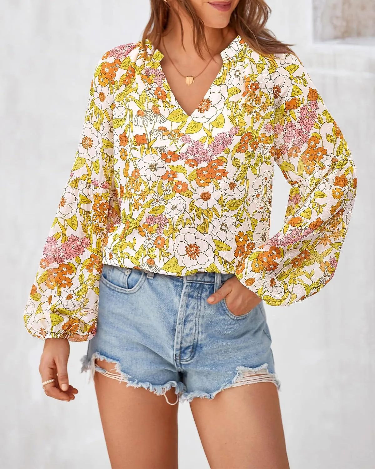 BTFBM Boho Blouses for Women Dressy Casual Floral Long Sleeve Shirts V Neck Lightweight Chiffon Summer Spring Tops 2025