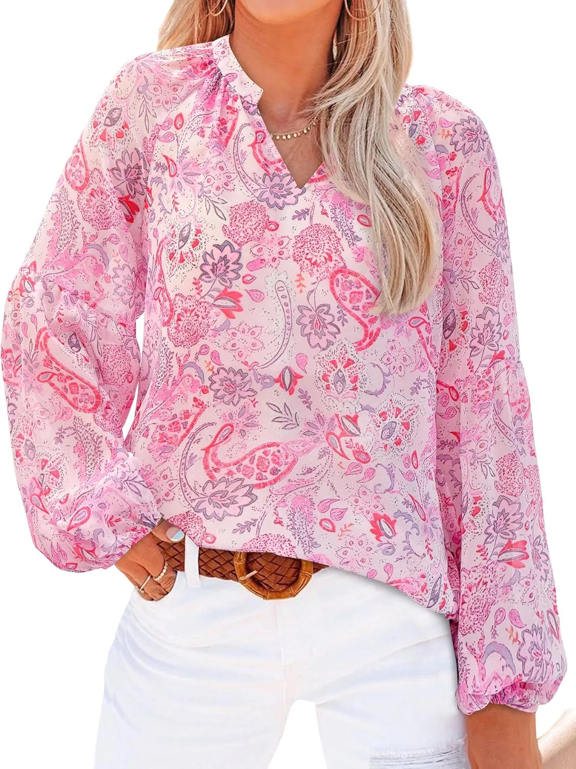 BTFBM Boho Blouses for Women Dressy Casual Floral Long Sleeve Shirts V Neck Lightweight Chiffon Summer Spring Tops 2025