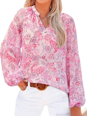 BTFBM Boho Blouses for Women Dressy Casual Floral Long Sleeve Shirts V Neck Lightweight Chiffon Summer Spring Tops 2025