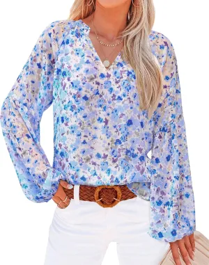 BTFBM Boho Blouses for Women Dressy Casual Floral Long Sleeve Shirts V Neck Lightweight Chiffon Summer Spring Tops 2025