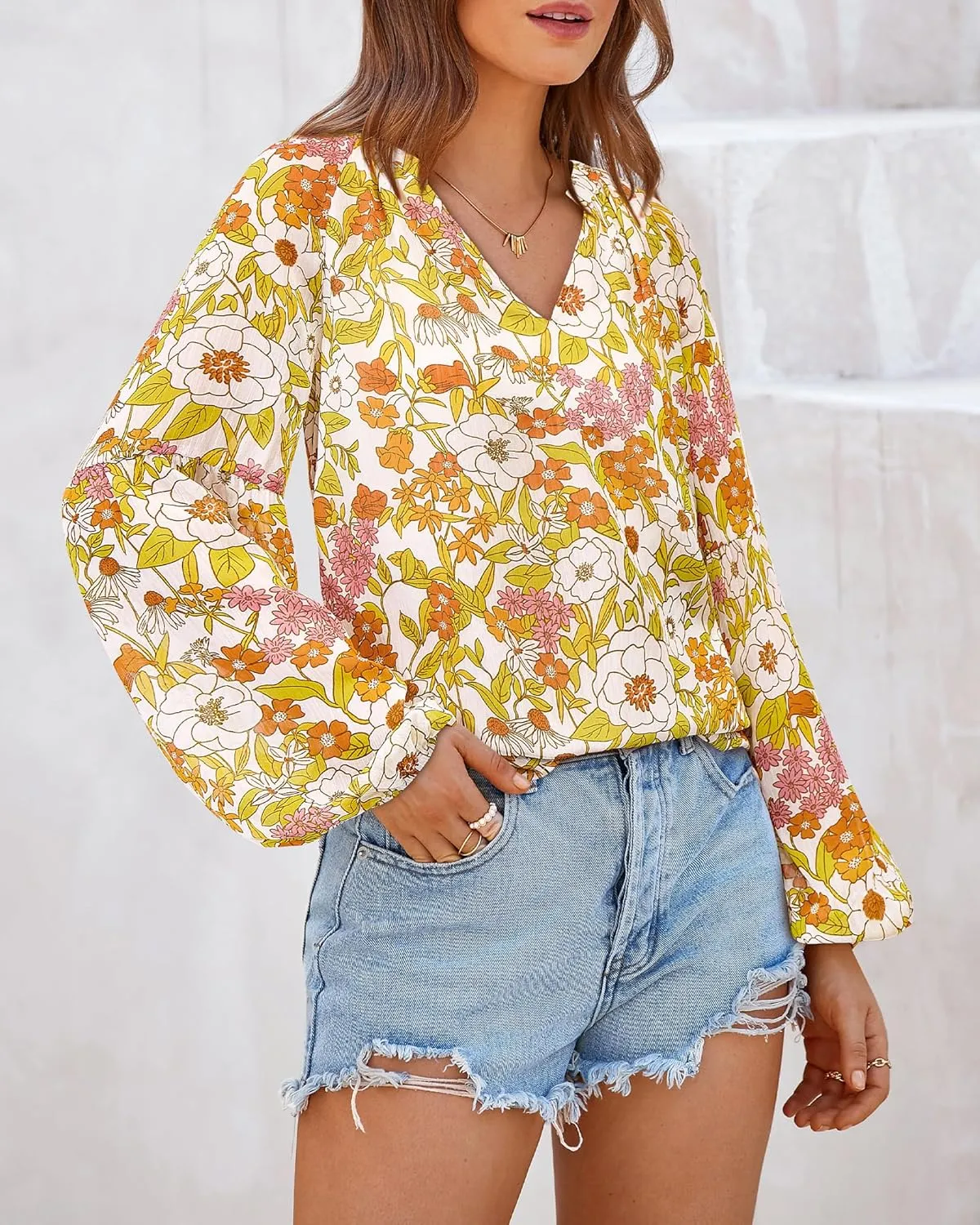 BTFBM Boho Blouses for Women Dressy Casual Floral Long Sleeve Shirts V Neck Lightweight Chiffon Summer Spring Tops 2025
