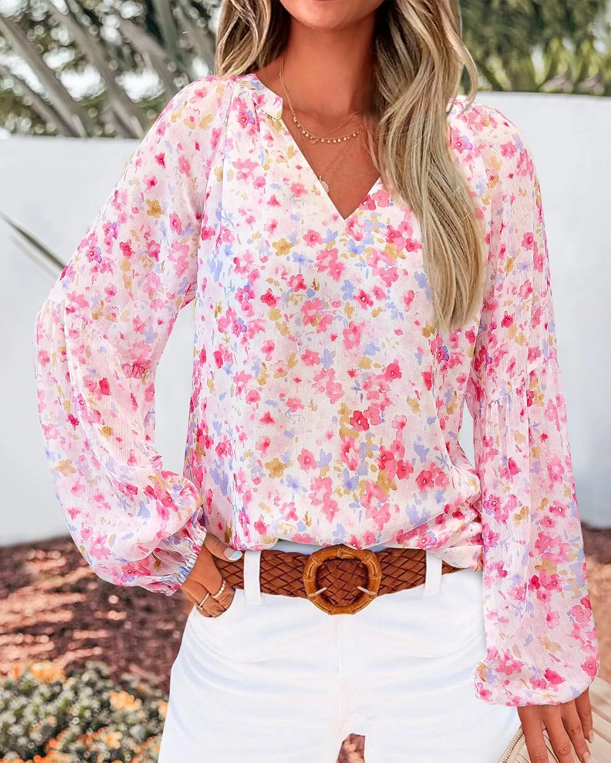 BTFBM Boho Blouses for Women Dressy Casual Floral Long Sleeve Shirts V Neck Lightweight Chiffon Summer Spring Tops 2025