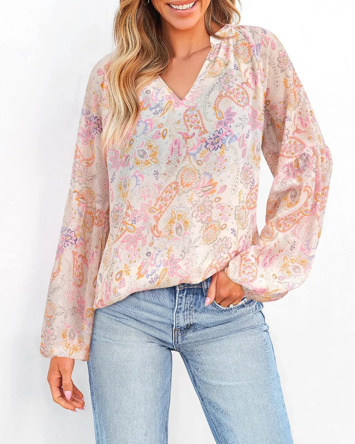 BTFBM Boho Blouses for Women Dressy Casual Floral Long Sleeve Shirts V Neck Lightweight Chiffon Summer Spring Tops 2025