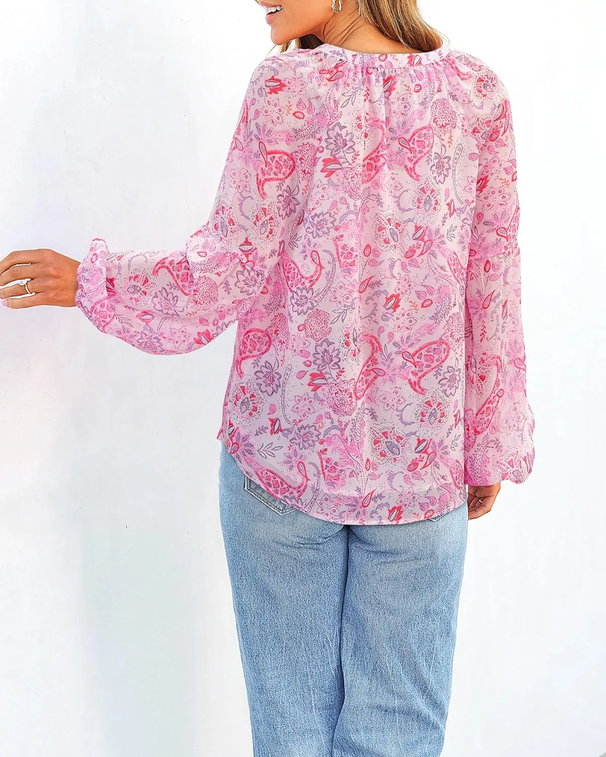 BTFBM Boho Blouses for Women Dressy Casual Floral Long Sleeve Shirts V Neck Lightweight Chiffon Summer Spring Tops 2025