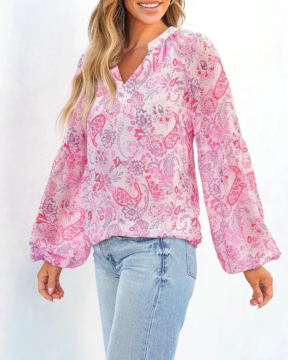 BTFBM Boho Blouses for Women Dressy Casual Floral Long Sleeve Shirts V Neck Lightweight Chiffon Summer Spring Tops 2025