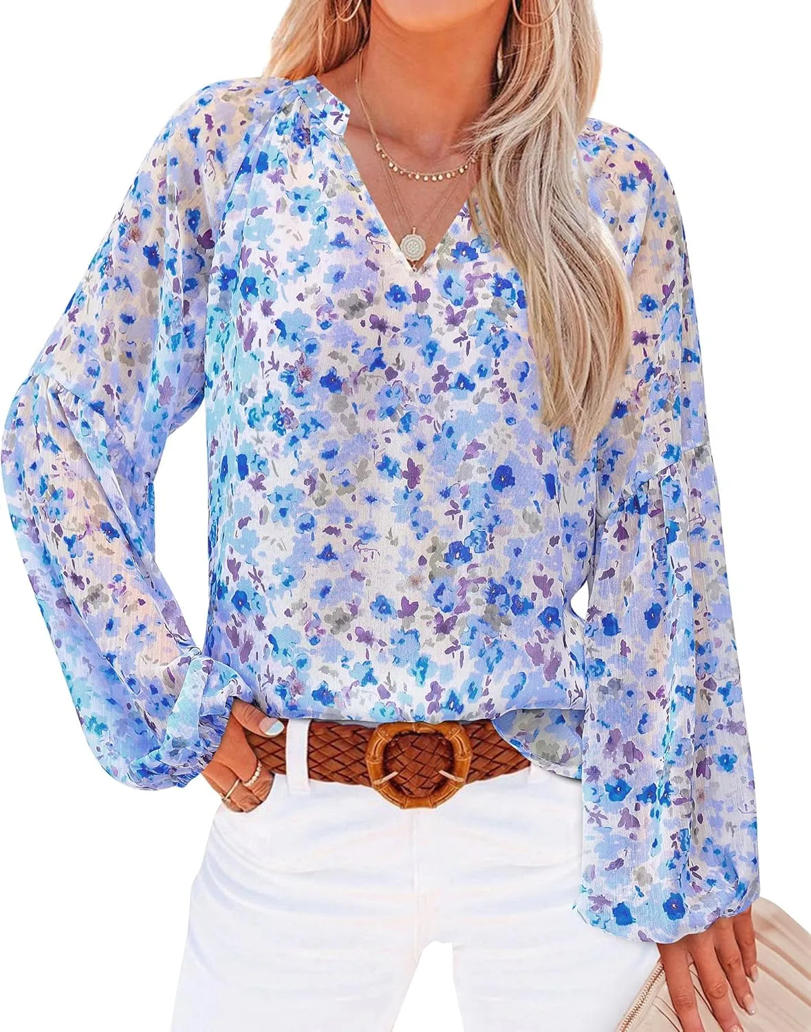 BTFBM Boho Blouses for Women Dressy Casual Floral Long Sleeve Shirts V Neck Lightweight Chiffon Summer Spring Tops 2025