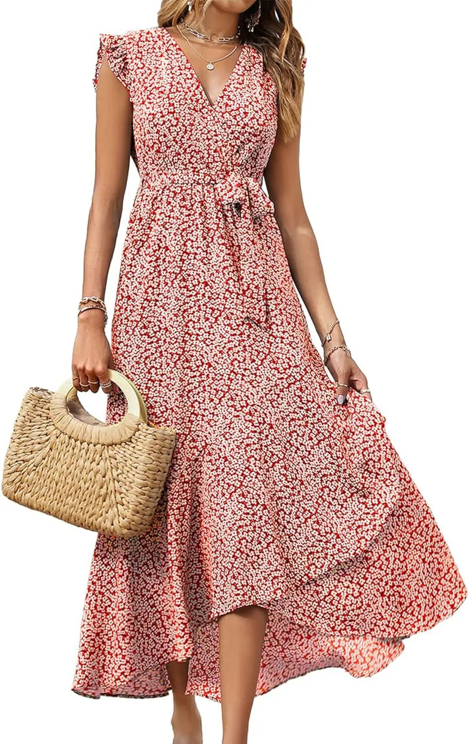 BTFBM Summer Floral Maxi Dress for Women 2025 Vacation Ruffle Sleeve V Neck Belt Wrap Spring Beach Wedding Guest Dresses
