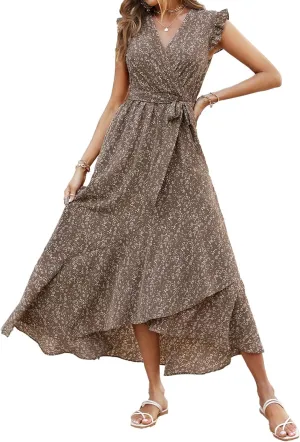 BTFBM Summer Floral Maxi Dress for Women 2025 Vacation Ruffle Sleeve V Neck Belt Wrap Spring Beach Wedding Guest Dresses