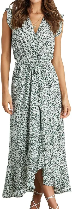 BTFBM Summer Floral Maxi Dress for Women 2025 Vacation Ruffle Sleeve V Neck Belt Wrap Spring Beach Wedding Guest Dresses