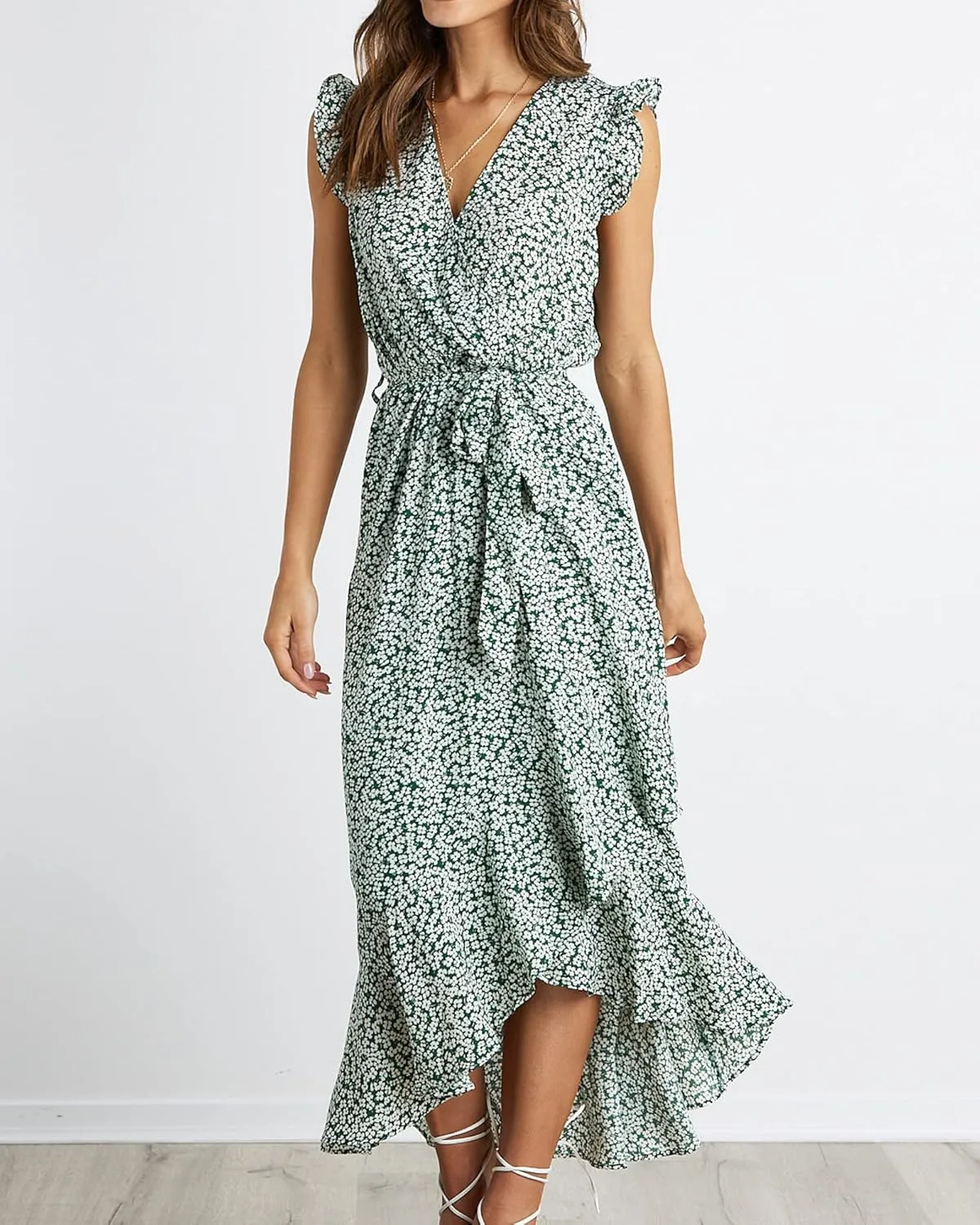 BTFBM Summer Floral Maxi Dress for Women 2025 Vacation Ruffle Sleeve V Neck Belt Wrap Spring Beach Wedding Guest Dresses