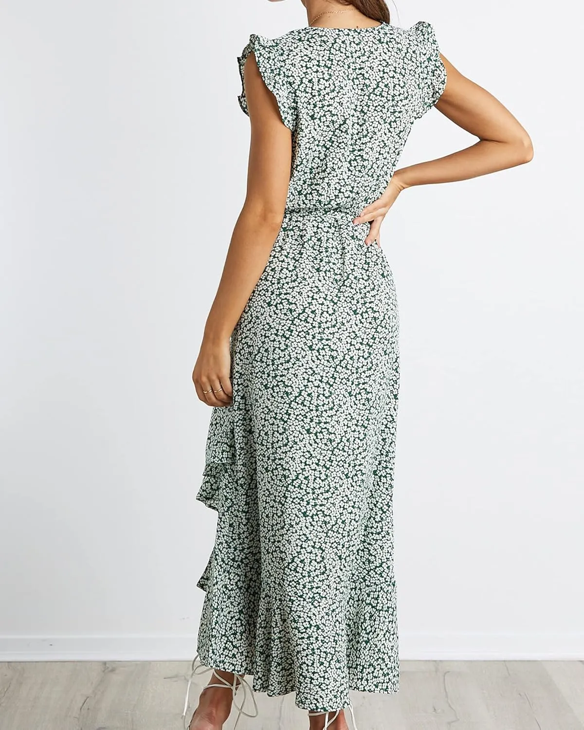 BTFBM Summer Floral Maxi Dress for Women 2025 Vacation Ruffle Sleeve V Neck Belt Wrap Spring Beach Wedding Guest Dresses