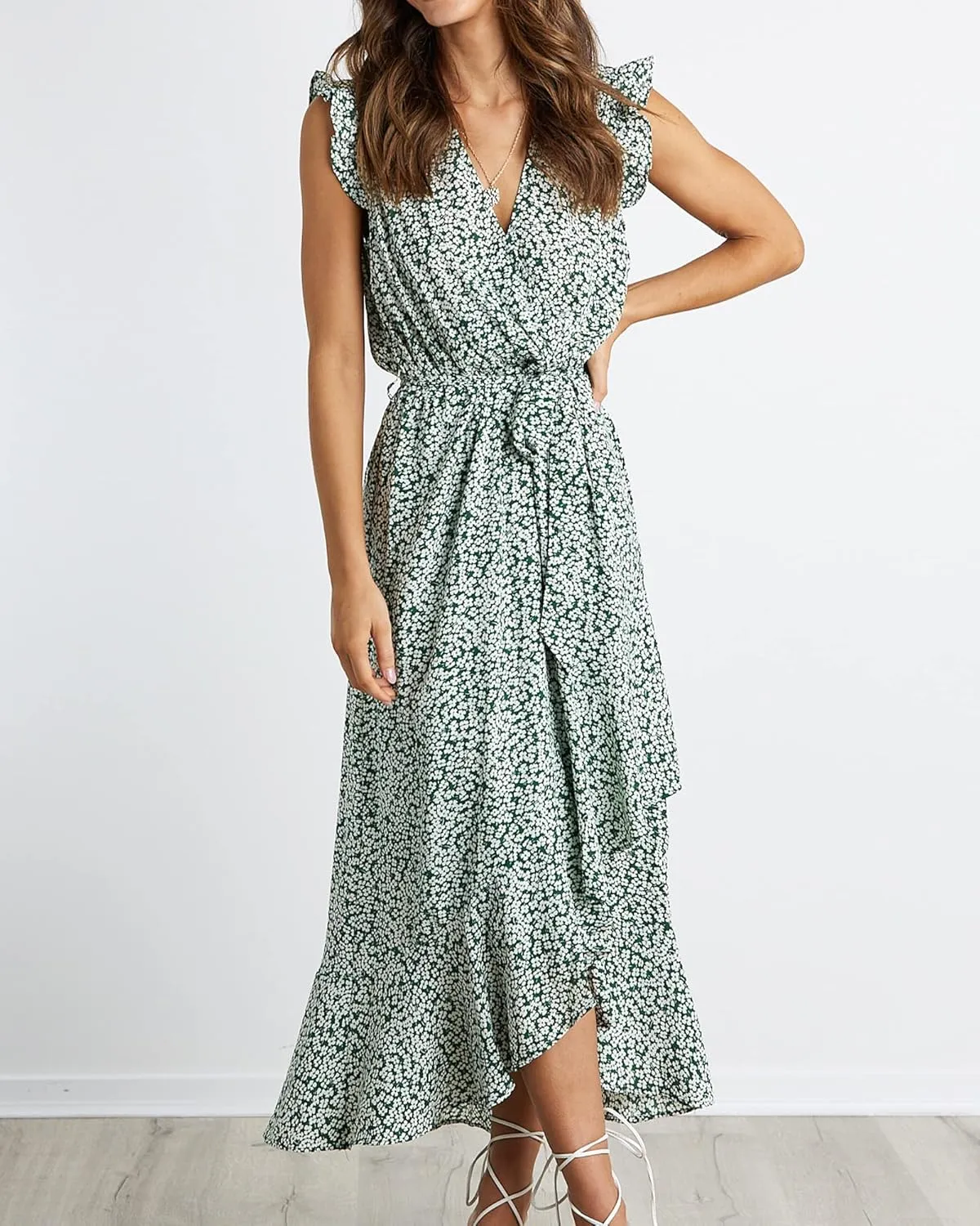 BTFBM Summer Floral Maxi Dress for Women 2025 Vacation Ruffle Sleeve V Neck Belt Wrap Spring Beach Wedding Guest Dresses