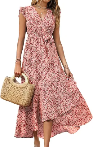 BTFBM Summer Floral Maxi Dress for Women 2025 Vacation Ruffle Sleeve V Neck Belt Wrap Spring Beach Wedding Guest Dresses