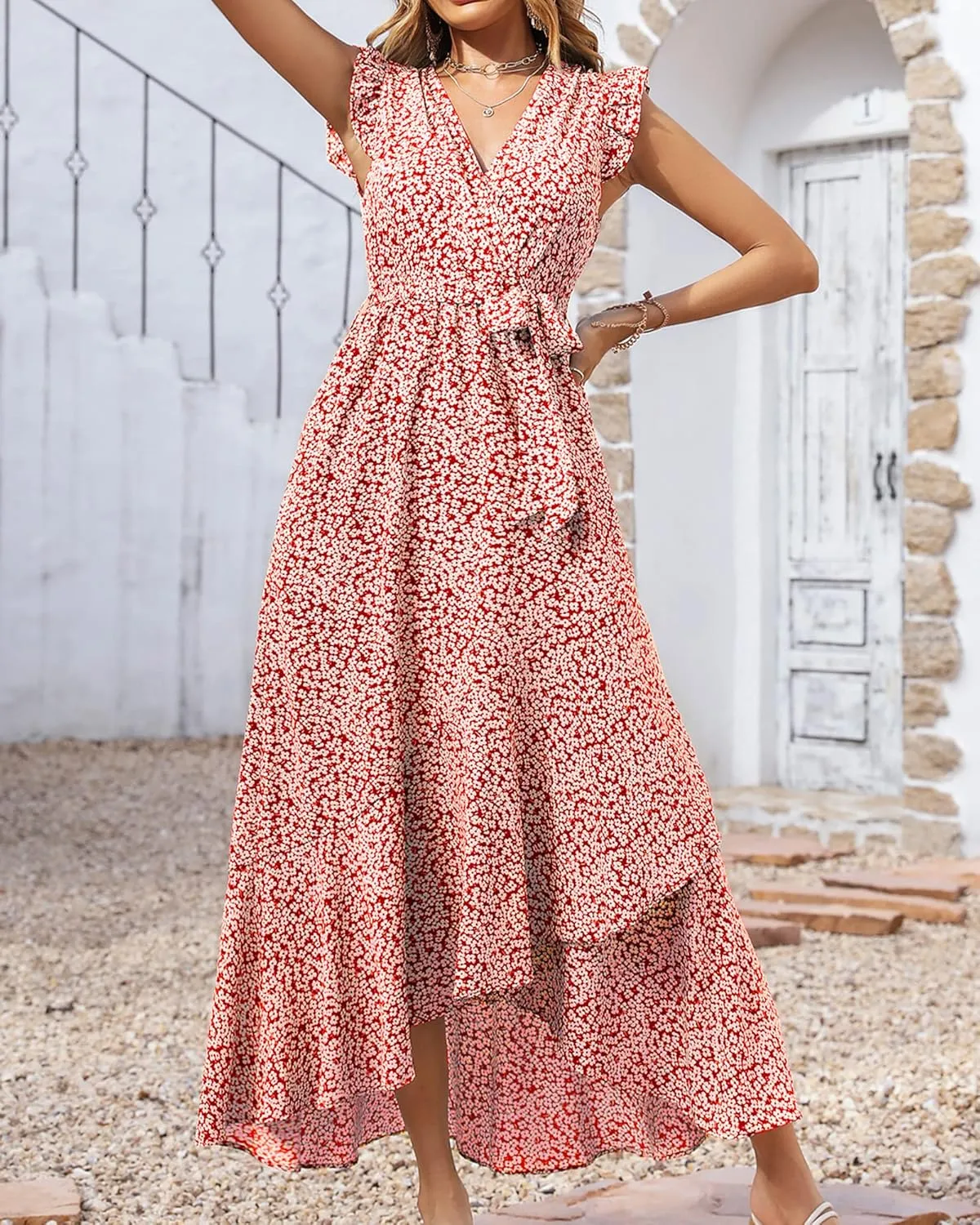 BTFBM Summer Floral Maxi Dress for Women 2025 Vacation Ruffle Sleeve V Neck Belt Wrap Spring Beach Wedding Guest Dresses