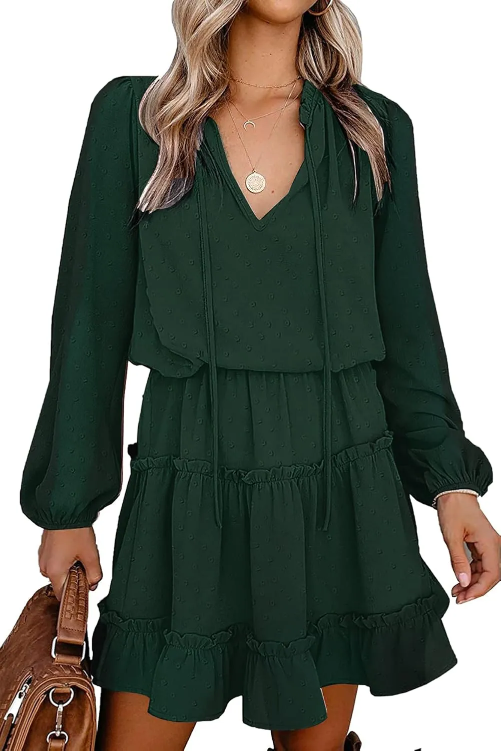 BTFBM Women Casual Summer Spring Dresses 2025 Tie Neck Long Sleeve High Waist Tiered Ruffle Aline Swing Tunic Mini Dress