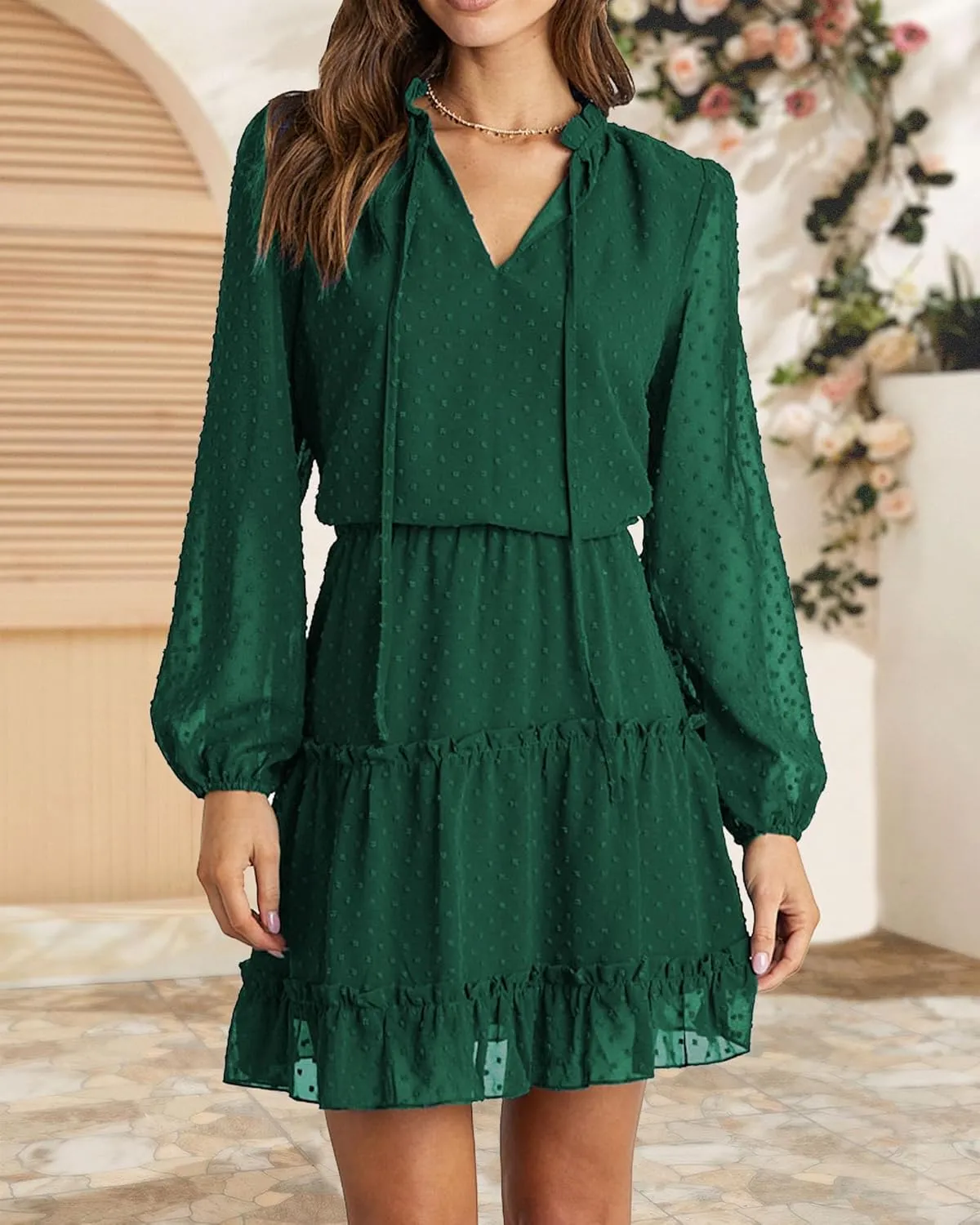 BTFBM Women Casual Summer Spring Dresses 2025 Tie Neck Long Sleeve High Waist Tiered Ruffle Aline Swing Tunic Mini Dress