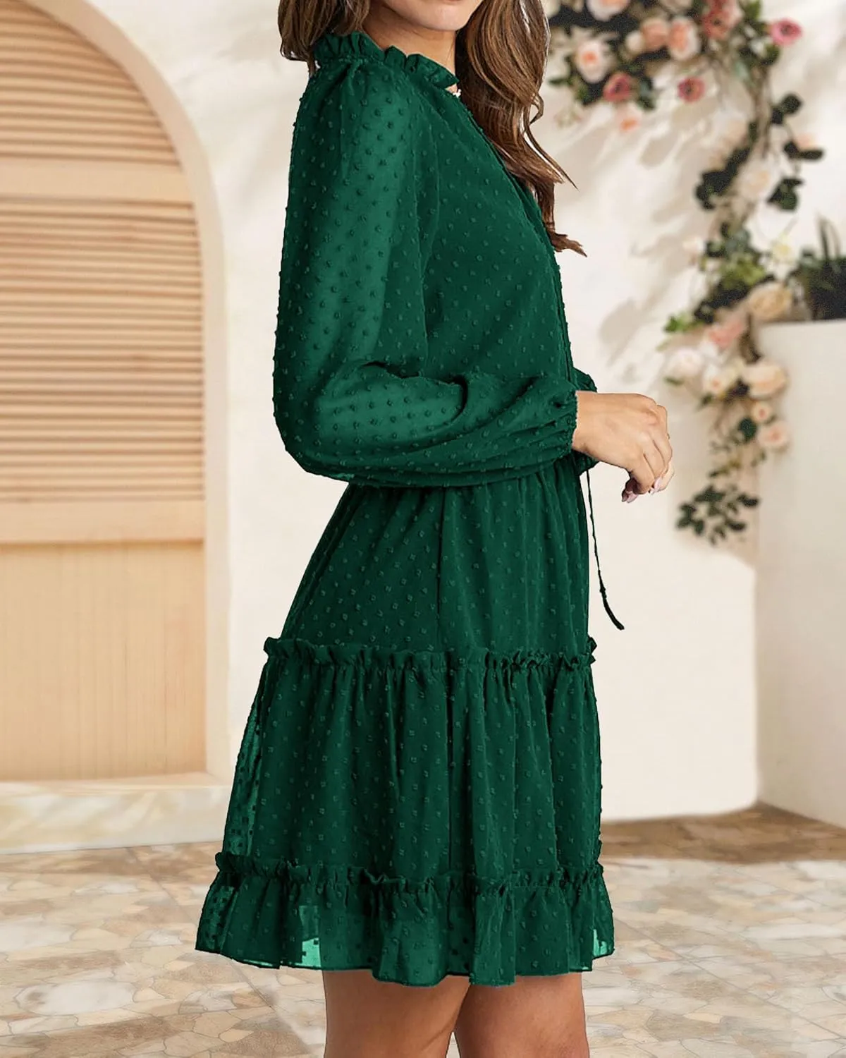 BTFBM Women Casual Summer Spring Dresses 2025 Tie Neck Long Sleeve High Waist Tiered Ruffle Aline Swing Tunic Mini Dress