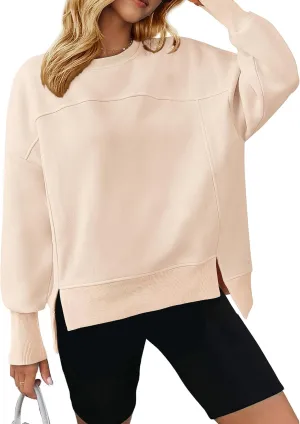 BTFBM Women's Casual Crewneck Sweatshirts 2025 Spring Fall Clothes Long Sleeve Side Slit Workout Fleece Pullover Tops