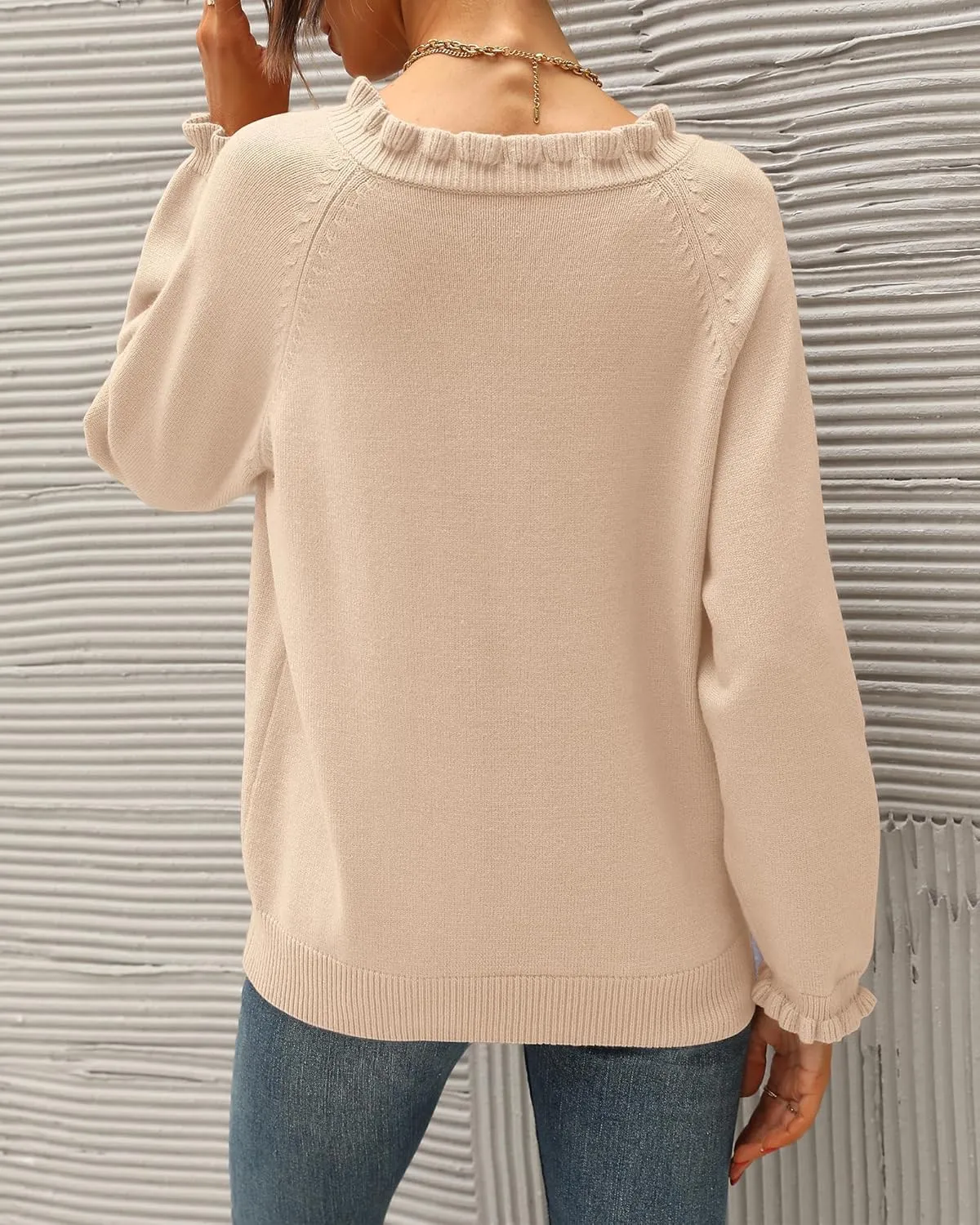 BTFBM Womens Sweaters Fall Winter Clothes 2025 Long Sleeve Button Down Ruffle Crew Neck Casual Knitted Pullover Tops
