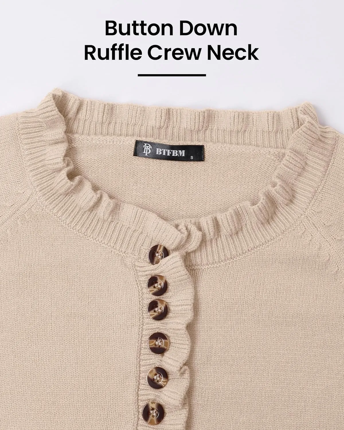BTFBM Womens Sweaters Fall Winter Clothes 2025 Long Sleeve Button Down Ruffle Crew Neck Casual Knitted Pullover Tops