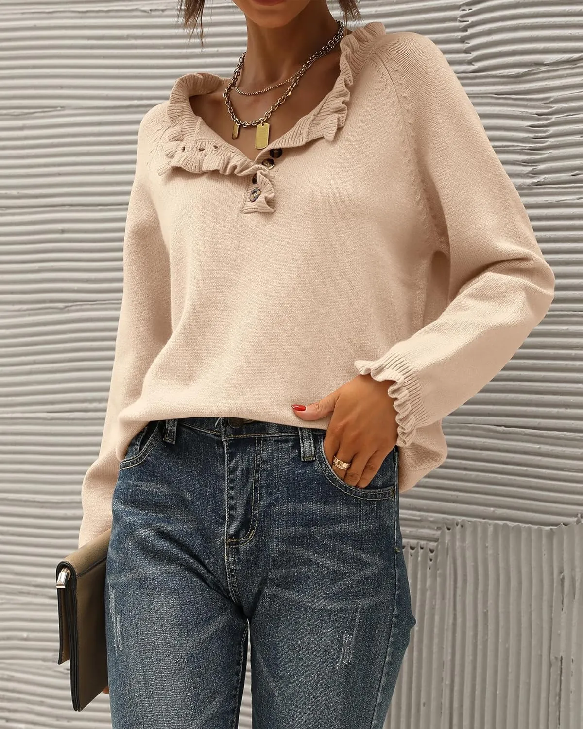 BTFBM Womens Sweaters Fall Winter Clothes 2025 Long Sleeve Button Down Ruffle Crew Neck Casual Knitted Pullover Tops