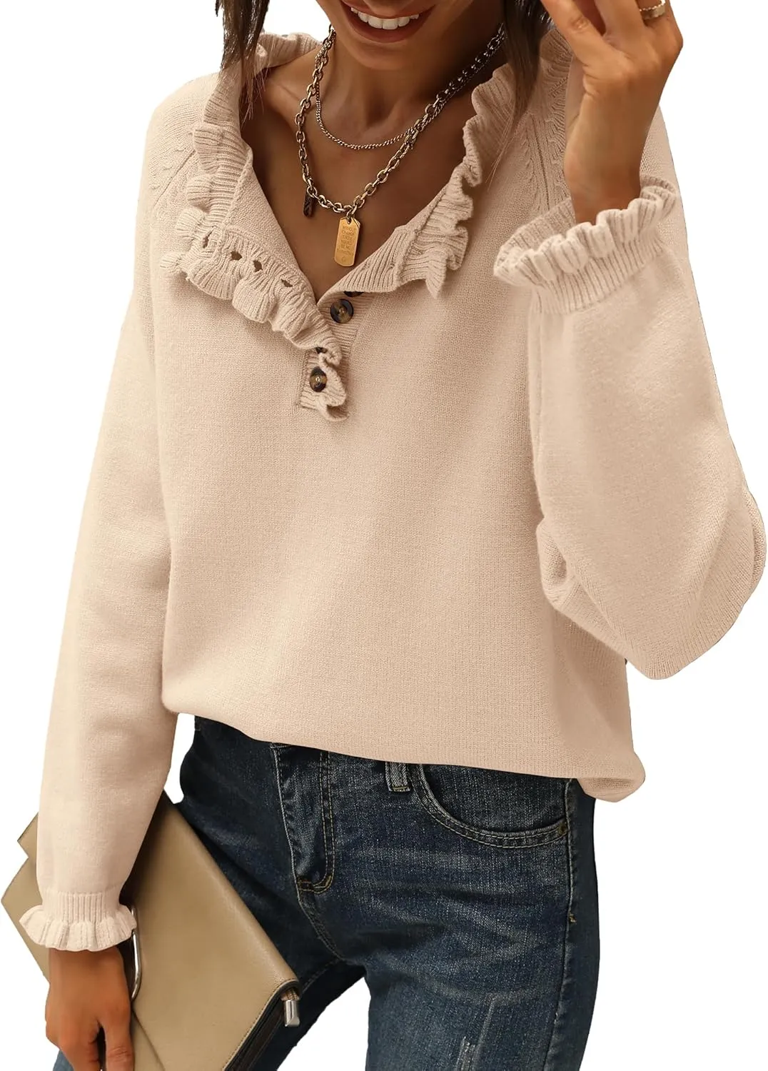 BTFBM Womens Sweaters Fall Winter Clothes 2025 Long Sleeve Button Down Ruffle Crew Neck Casual Knitted Pullover Tops