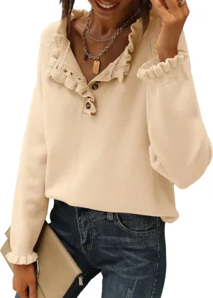 BTFBM Womens Sweaters Fall Winter Clothes 2025 Long Sleeve Button Down Ruffle Crew Neck Casual Knitted Pullover Tops