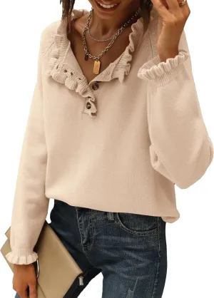 BTFBM Womens Sweaters Fall Winter Clothes 2025 Long Sleeve Button Down Ruffle Crew Neck Casual Knitted Pullover Tops