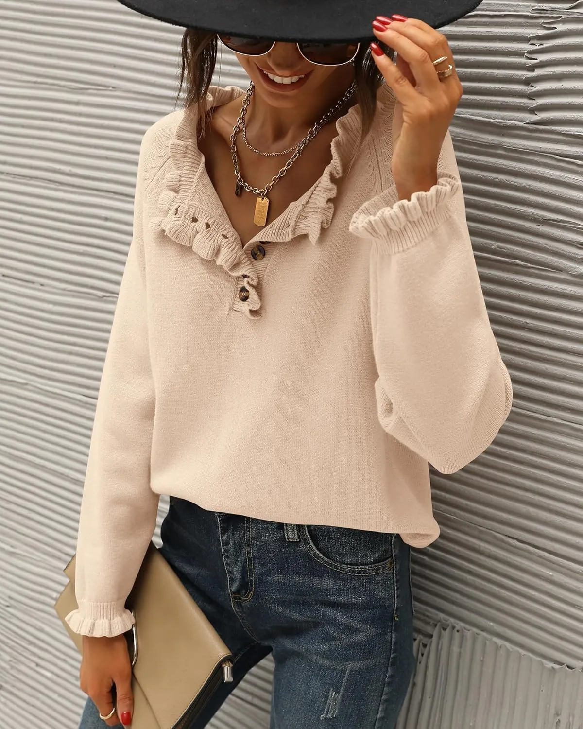 BTFBM Womens Sweaters Fall Winter Clothes 2025 Long Sleeve Button Down Ruffle Crew Neck Casual Knitted Pullover Tops