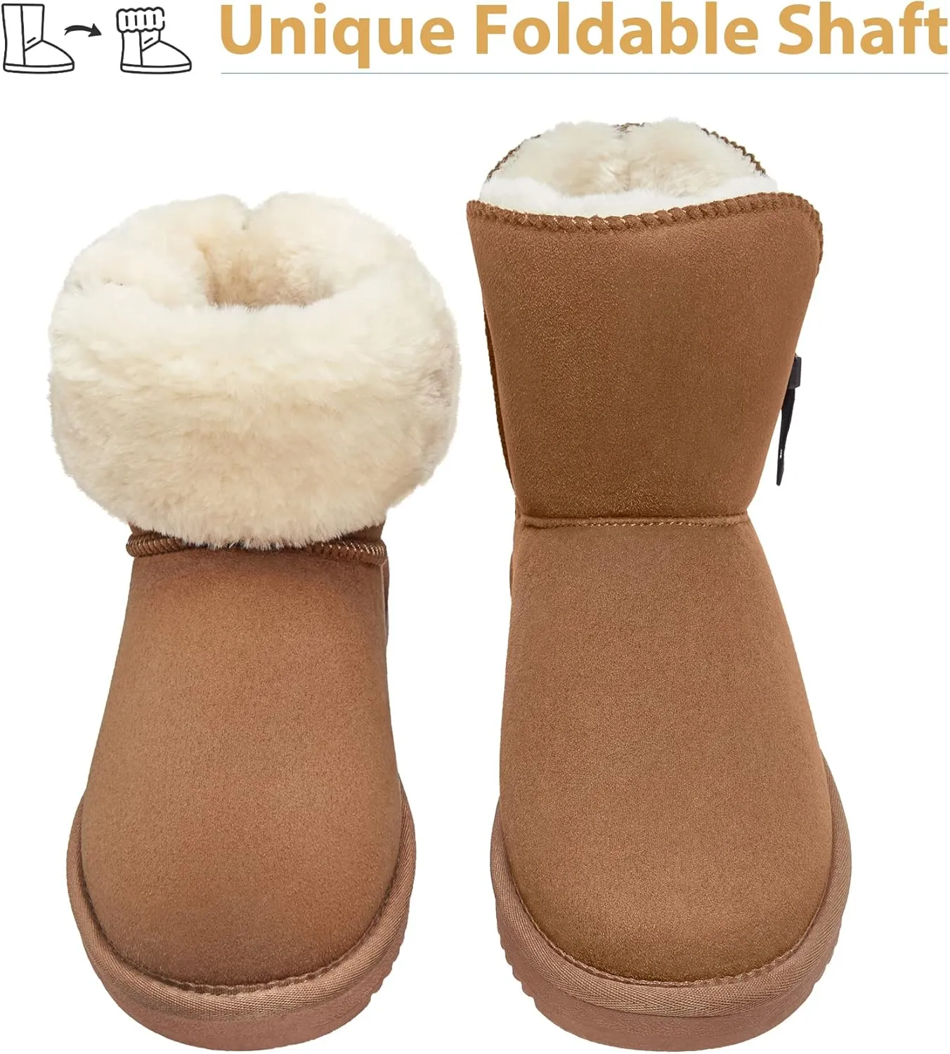CAMEL CROWN Women's Foldable Snow Boots Warm Fur Winter Boots Mid-Calf Zipper House Slippers Boots Classic Mini Short Boots for Outdoor