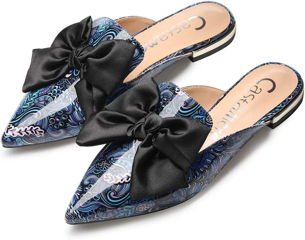 Castamere Womens Pointed Toe Bow-Knot Mules Slip On Velvet Slippers Casual Comfortable Flats
