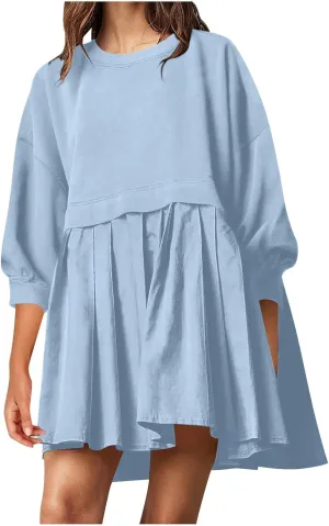 Casual Dresses for Women Plus Size Fall Fashion Long Sleeve Crewneck Patchwork Sweatshirt Dress Sweet Cute Pullover