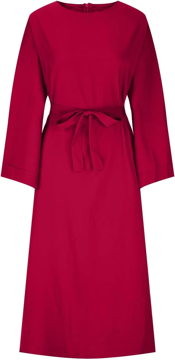 Casual Dresses for Women Plus Size Long Sleeve Tie Waist Pleated Maxi Dress Oversized Solid Crewneck Loose Dresses