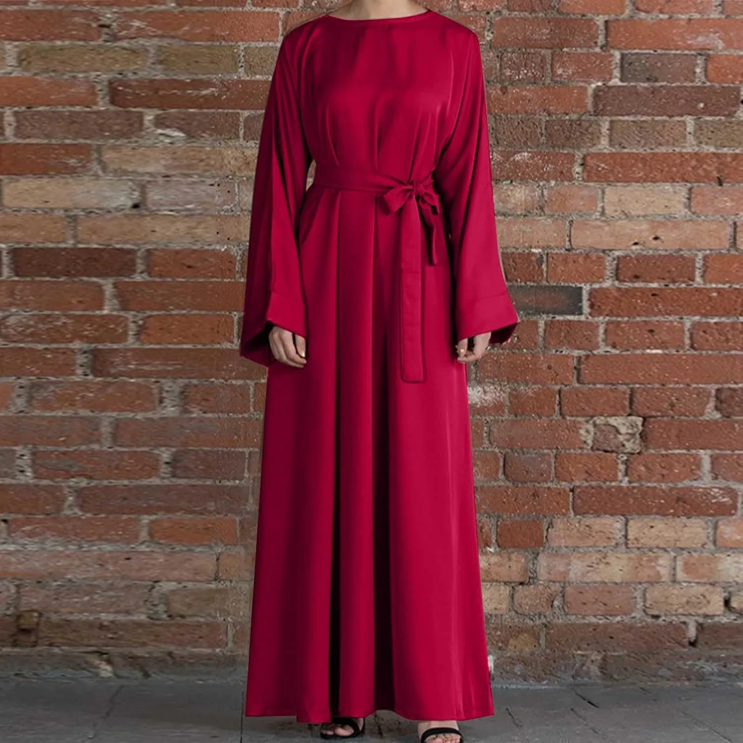 Casual Dresses for Women Plus Size Long Sleeve Tie Waist Pleated Maxi Dress Oversized Solid Crewneck Loose Dresses