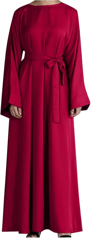 Casual Dresses for Women Plus Size Long Sleeve Tie Waist Pleated Maxi Dress Oversized Solid Crewneck Loose Dresses