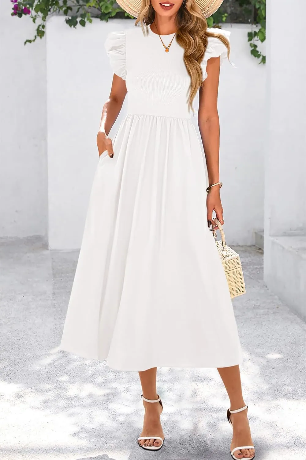 CFLONGE Women's Casual Short Puff Sleeve Summer Dresses for Women 2025 High Waist Casual Flowy A Line Midi Dress with Pockets