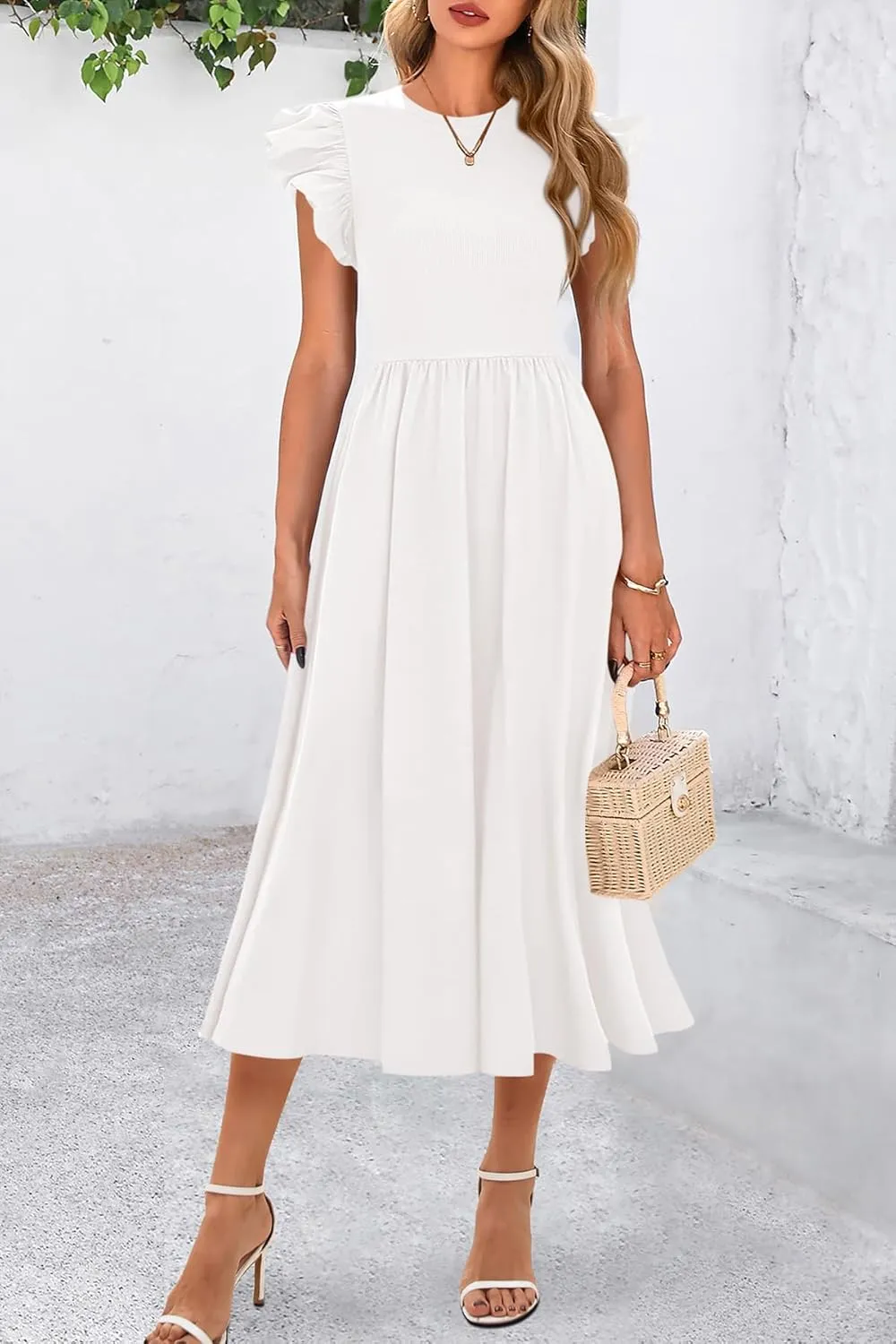 CFLONGE Women's Casual Short Puff Sleeve Summer Dresses for Women 2025 High Waist Casual Flowy A Line Midi Dress with Pockets