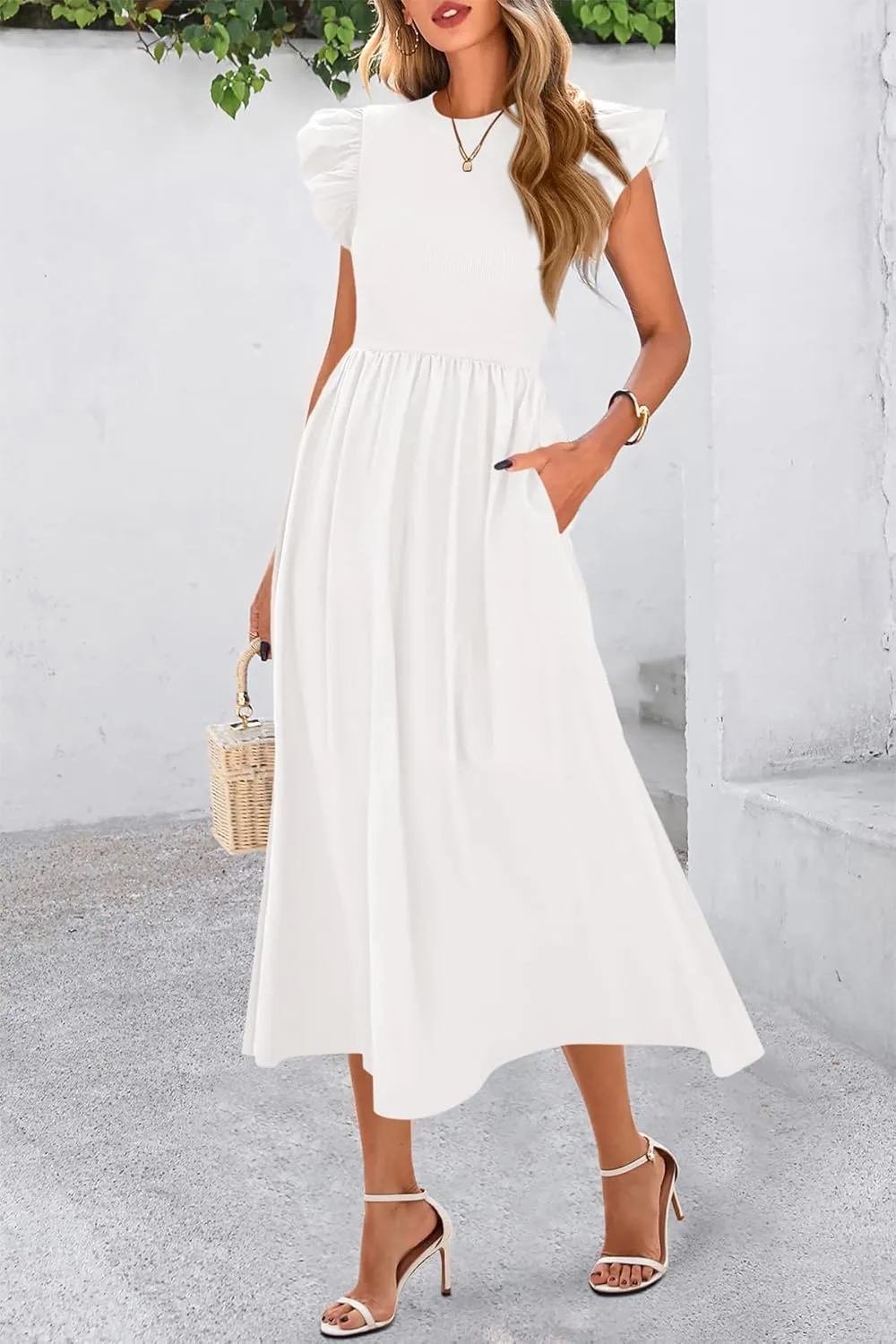 CFLONGE Women's Casual Short Puff Sleeve Summer Dresses for Women 2025 High Waist Casual Flowy A Line Midi Dress with Pockets