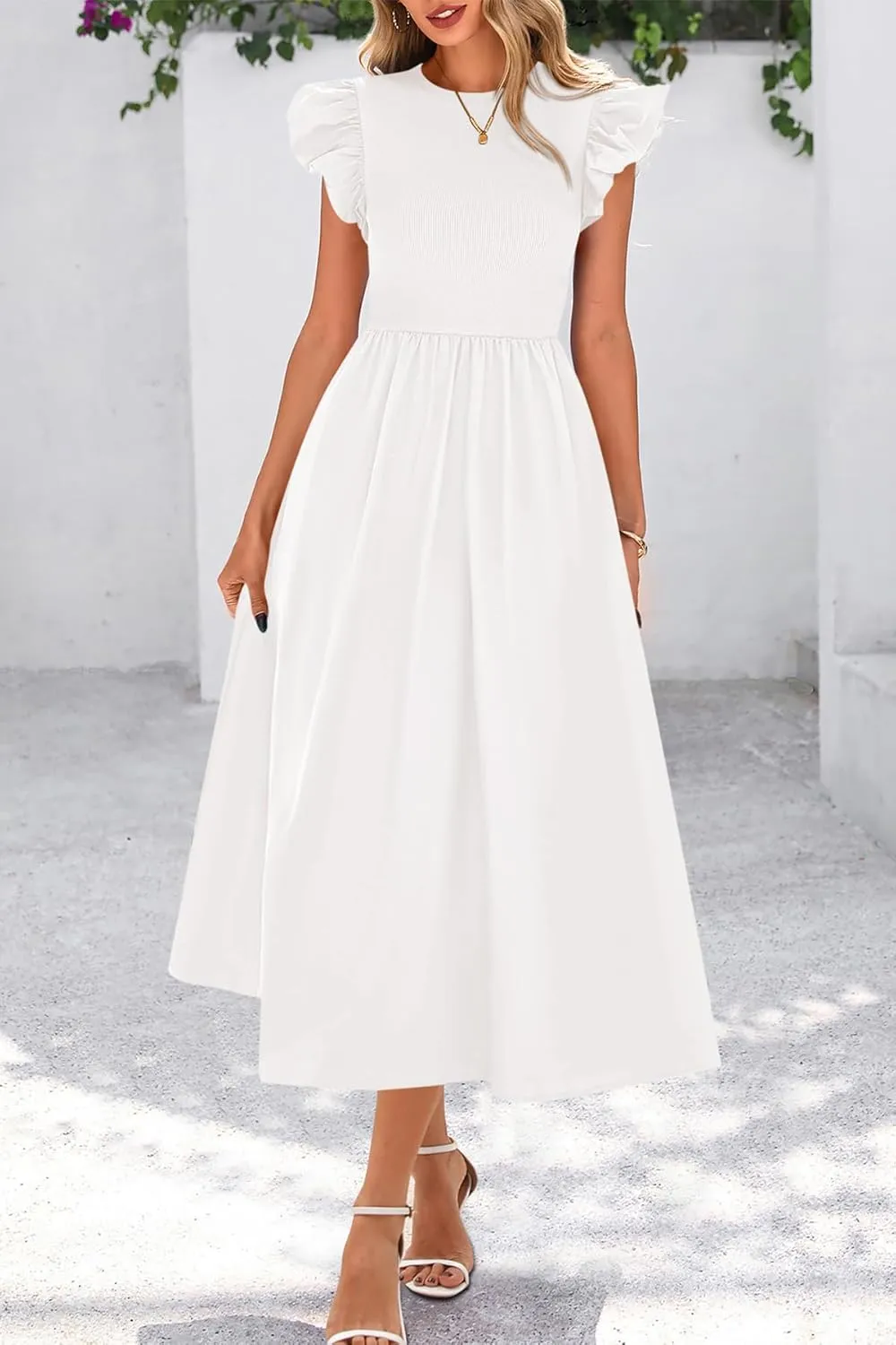 CFLONGE Women's Casual Short Puff Sleeve Summer Dresses for Women 2025 High Waist Casual Flowy A Line Midi Dress with Pockets