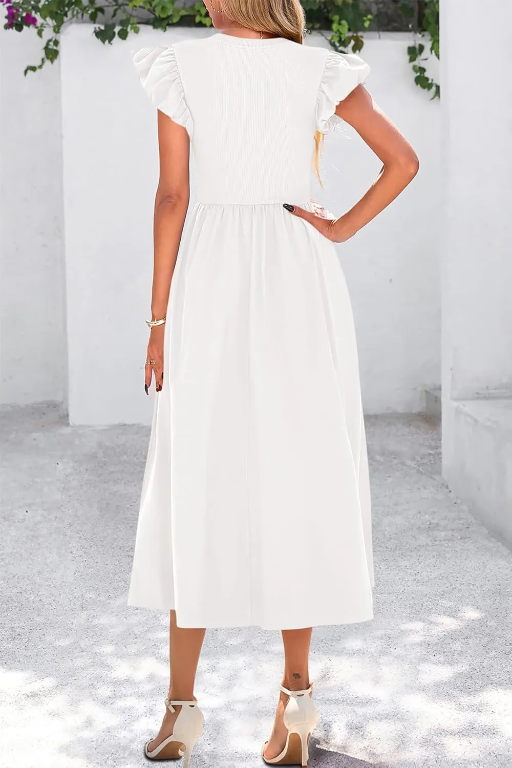 CFLONGE Women's Casual Short Puff Sleeve Summer Dresses for Women 2025 High Waist Casual Flowy A Line Midi Dress with Pockets