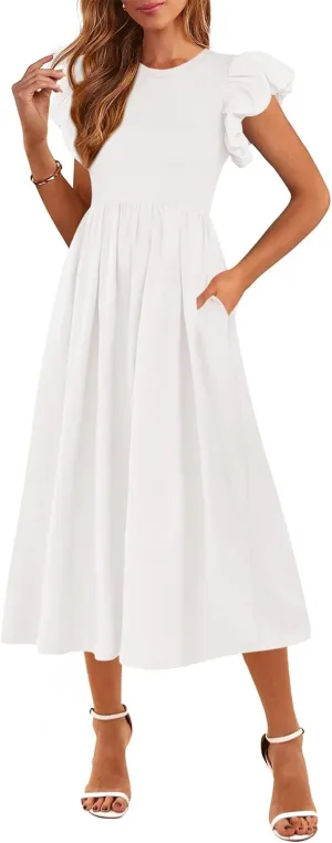 CFLONGE Women's Casual Short Puff Sleeve Summer Dresses for Women 2025 High Waist Casual Flowy A Line Midi Dress with Pockets