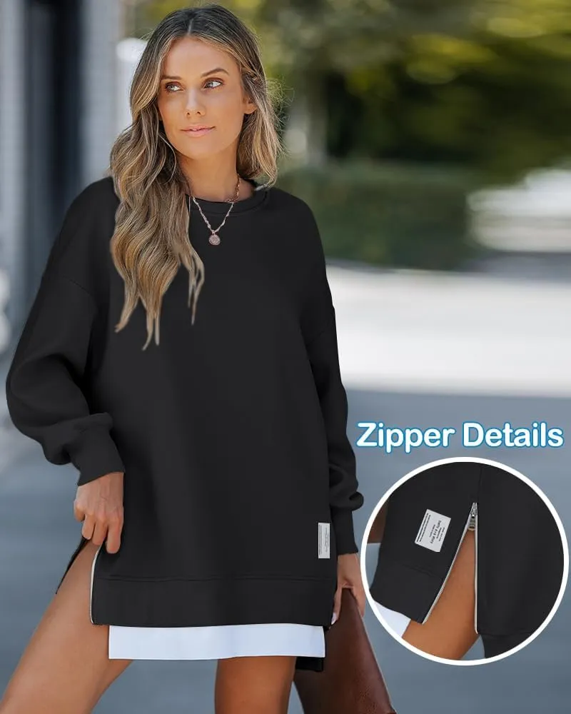 CHICME Womens Long Sleeve Zipper Slit Oversized Sweatshirt Casual Pullover Zipper Hoodies